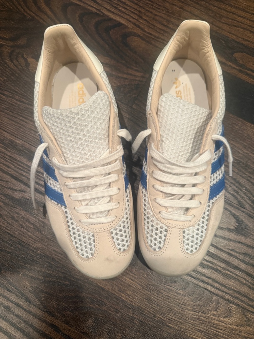 adidas Beige White Blue Athletic Shoes